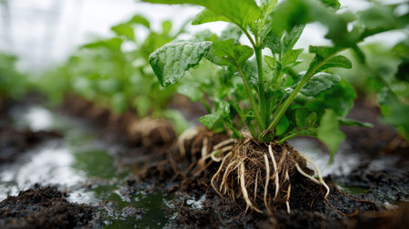 A close-up view of young green plants with visible roots thriving in rich soil, showcasing the beauty of nature and the importance of healthy growth in agriculture.の素材