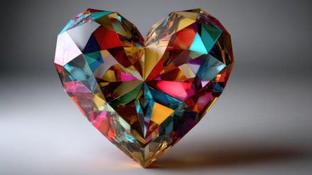 A stunning crystal heart sculpture showcasing vivid colors and intricate facets, perfect for art lovers or as a symbol of love and beauty.の素材