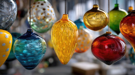 This vibrant collection of handcrafted glass ornaments showcases intricate designs and bright colors, perfect for festive decor and artistic displays.の素材