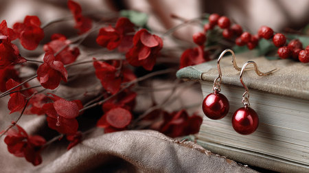 This captivating image features elegant red earrings resting on an ancient book, surrounded by soft fabric and delicate flowers, creating a rich atmosphere.の素材