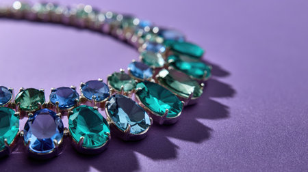 Stunning close-up of an exquisite necklace featuring a mix of blue and green gemstones set against a vibrant purple background, highlighting its elegance and luxury.の素材
