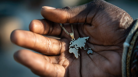 A hand delicately holds a silver world map pendant, symbolizing a personal connection to global exploration and identity in a beautiful outdoor setting.の素材