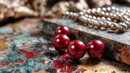 This captivating close-up features vibrant red pearls alongside delicate beads on a beautifully textured surface, ideal for showcasing luxury jewelry artistry.の素材
