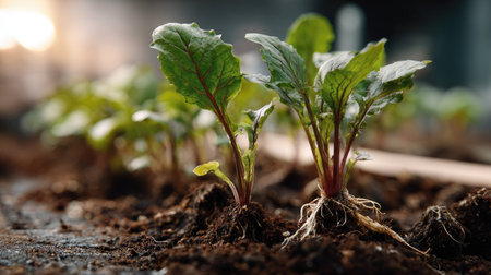 This close-up image features young radish plants emerging from rich soil, beautifully illuminated by soft sunlight, showcasing the essence of fresh agriculture and gardening.の素材