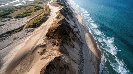 This stunning aerial image captures a breathtaking beach landscape with golden sand, turquoise waters, and dramatic coastal cliffs, inviting tranquility and adventure.の素材