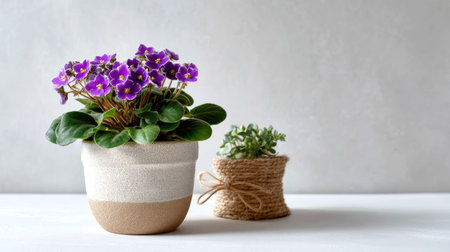 A beautiful arrangement featuring an African violet plant in a stylish pot and a lush succulent, showcasing vibrant colors and natural beauty. Perfect for home decor.の素材