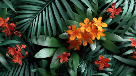 Explore a stunning close-up view of vibrant tropical flowers set against lush green palm leaves, creating a beautiful natural composition perfect for design projects.の素材
