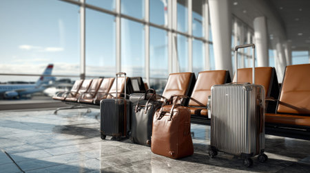 A modern airport terminal showcases luggage and bags in a spacious waiting area with large windows, inviting travelers for their upcoming flights.の素材