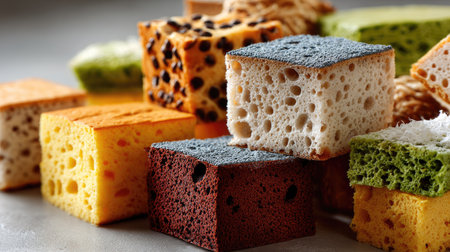 A visually appealing display of assorted sponge cakes featuring a range of textures and vibrant colors, perfect for any dessert lover's delight.の素材
