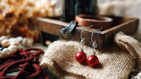 A captivating display of elegant red earrings showcased on rustic fabric, surrounded by natural elements and decorative jewelry pieces, highlighting beauty and style.の素材