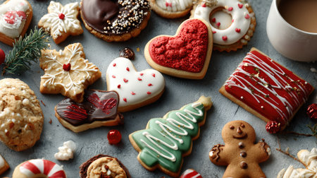 This vibrant assortment of decorated holiday cookies features various shapes and colors, perfect for festive occasions and celebrations. Ideal for seasonal inspiration.の素材
