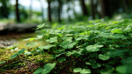 This image captures a serene forest floor, showcasing lush green clover and soft moss. The dappled sunlight creates a peaceful atmosphere, perfect for nature lovers.の素材