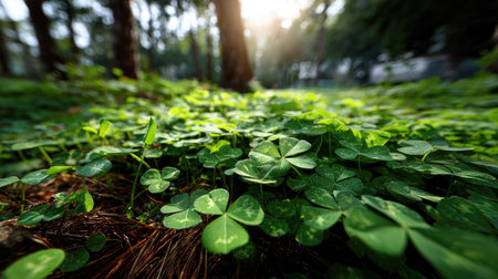 A vibrant scene showcasing clover leaves blanketing the forest floor with soft sunlight filtering through the trees, capturing a tranquil and serene atmosphere.の素材
