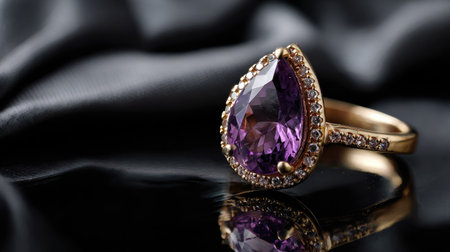 A stunning golden ring featuring a pear-shaped purple gemstone set against a soft black fabric background, embodying elegance and luxury.の素材