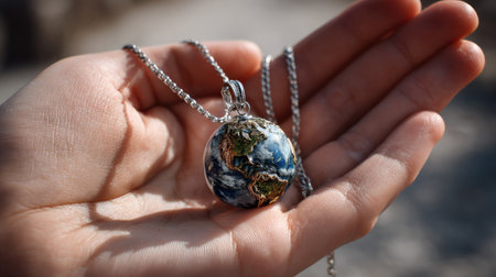 A close-up image of a hand gently holding a stunning silver necklace with a globe pendant, representing Earth's geography in vibrant colors.の素材