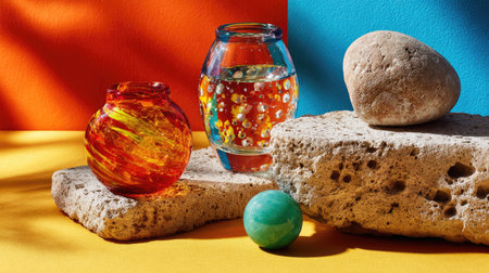 A captivating still life arrangement featuring colorful glass vases, decorative stones, and a bright background. The interplay of light and shadows enhances the visual appeal.の素材