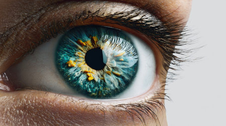 This captivating close-up showcases a human eye with vibrant blue and golden hues, emphasizing the intricate details of vision and beauty.の素材
