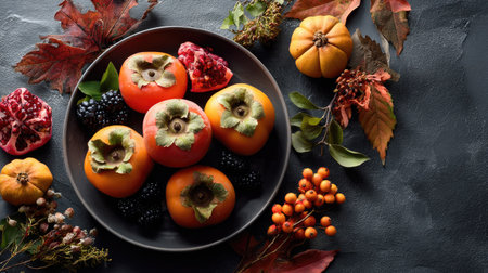 A beautiful assortment of seasonal fruits including persimmons and blackberries on a dark plate surrounded by vibrant autumn leaves, perfect for fall-inspired decor.の素材