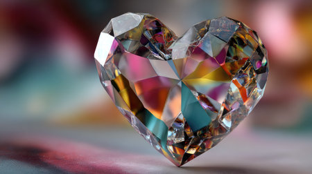 This stunning heart-shaped crystal captures vibrant colors and light reflections, creating an enchanting focal point with a soft, colorful background.の素材