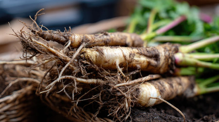 This image features freshly harvested root vegetables with intricate roots, highlighting the earthy textures and vibrant leaves, perfect for culinary uses.の素材