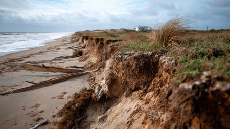 This captivating image showcases a coastal landscape where erosion has exposed cliffs, revealing a mix of vegetation and sandy beach under a cloudy sky.の素材