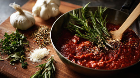 A rustic preparation scene showcasing a vibrant red sauce enriched with fresh herbs, garlic, and spices, emphasizing culinary freshness and flavor.の素材