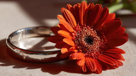 A stunning close-up of a silver ring beside a bright orange gerbera flower, capturing the beauty and elegance of nature and design in harmonious contrast.の素材