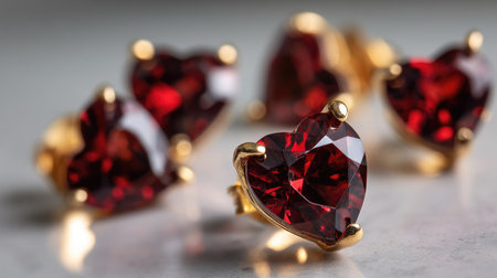 A stunning arrangement of heart-shaped red gemstones set in gold rings, reflecting light beautifully. This vibrant jewelry showcases elegance and craftsmanship.の素材