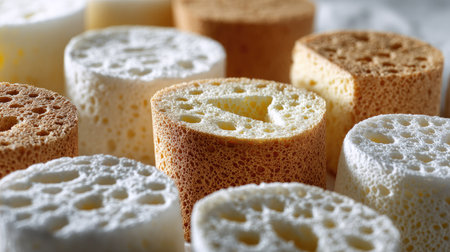 An artistic close-up showcasing a variety of natural and synthetic sponges, highlighting their unique textures and colors, ideal for cleaning and household tasks.の素材