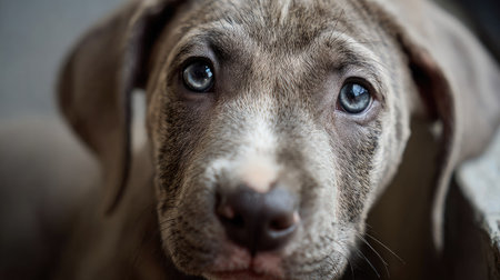 This image captures the enchanting gaze of a gray puppy with striking blue eyes, reflecting innocence and wonder. Perfect for pet lovers.の素材