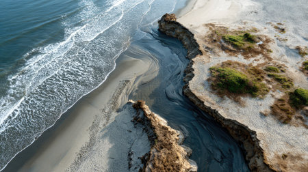 This breathtaking aerial image captures the beauty of a beach shoreline, featuring gentle waves, an exposed cliff, and patches of vibrant vegetation, perfect for showcasing nature's serenity.の素材