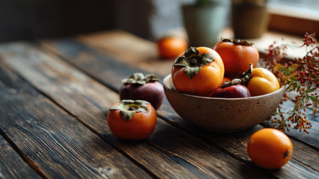 A charming arrangement of fresh persimmons and other colorful fruits in a rustic bowl on a weathered wooden table, evoking a cozy autumn vibe.の素材