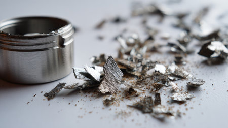 A close-up shot of metallic shavings scattered around a small tin container on a white surface, showcasing the details and textures of metal shavings.の素材