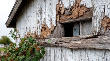 Close-up view of a weathered barn with peeling paint and crumbling wood. Overgrown vines add a touch of nature, highlighting rural decay and rustic charm.の素材