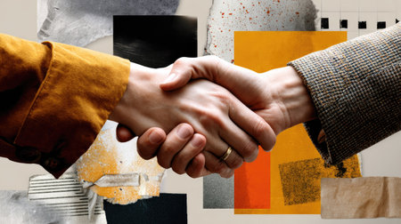 A close-up of two individuals shaking hands, representing a strong partnership and collaboration in a professional business environment.の素材