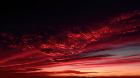 A breathtaking view of an evening sky filled with dramatic red and purple clouds, capturing the serene beauty of nature at dusk. Perfect for artistic projects.の素材