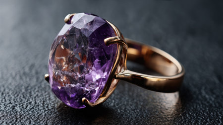 A stunning close-up of an elegant amethyst ring set in a gold band. The rich purple gemstone reflects light beautifully, showcasing intricate details.の素材