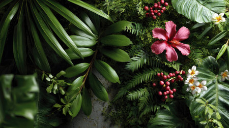 A stunning composition showcasing a variety of lush greenery interspersed with vibrant flowers and berries, creating a tranquil tropical atmosphere.の素材