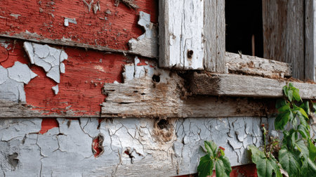 Capture the essence of rural charm with this image of weathered barn wood featuring peeling paint and rustic textures, ideal for vintage and nature themes.の素材