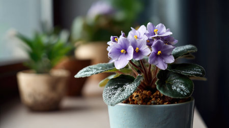 A stunning close-up of an African violet plant with delicate purple blooms in a blue pot, enhancing the indoor space with a vibrant touch of nature.の素材