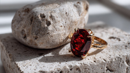 A beautifully crafted red gemstone ring sits elegantly on a rugged stone surface, illuminated by soft natural light, creating a stunning visual contrast.の素材