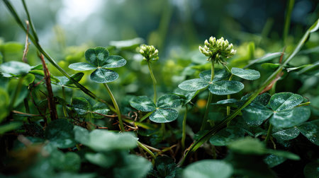 A close-up view of vibrant green clover leaves adorned with glistening dew drops, showcasing nature's beauty in a lush environment on a foggy morning.の素材