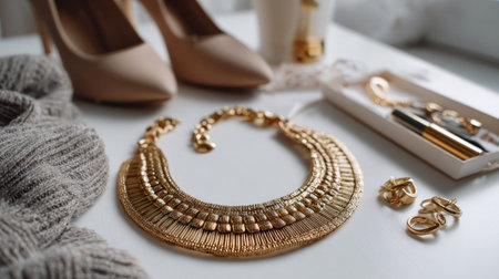 A beautifully arranged composition featuring a stunning gold necklace alongside elegant high heels and makeup accessories, creating a luxurious and stylish ambiance.の素材