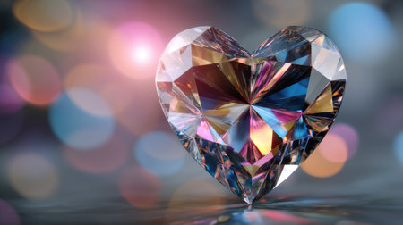 A stunning heart-shaped crystal gem catches the light with vibrant colors and reflections, set against a dreamy bokeh background, evoking love and elegance.の素材