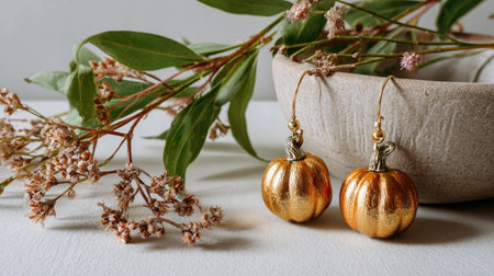 A pair of elegant golden pumpkin earrings nestled beside delicate autumn leaves in a decorative bowl, creating a warm and stylish seasonal setting.の素材