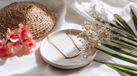 A stunning gold necklace rests gracefully on a simple plate, surrounded by delicate dried flowers and vibrant blossoms, creating a serene and chic composition.の素材