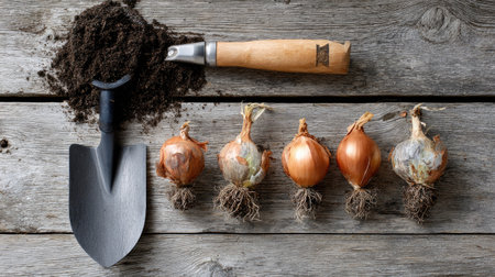 A visually appealing arrangement of freshly harvested onions and gardening tools, featuring soil on a rustic wooden surface. Perfect for agricultural themes.の素材