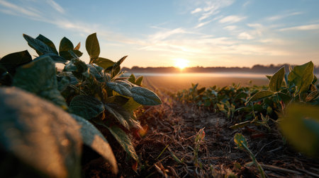 A tranquil scene showcasing the serene sunrise over a green agricultural field. Dewy leaves glisten in soft morning light, symbolizing growth and renewal.の素材