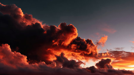 A breathtaking view of a dramatic sunset with vibrant clouds illuminated in fiery hues, creating a serene and tranquil atmosphere in the evening sky.の素材