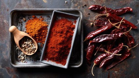 Explore this vibrant collection of dried chili peppers and spices arranged on a rustic background, perfect for culinary inspiration and cooking projects.の素材